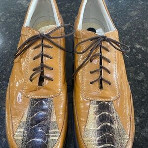 Mauri Two-Tone Tan Leather Oxfords with Dark Plaid Accent
